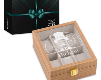 Maverton Holz Uhrenschachtel mit Gravur für 6 Uhren - Uhrenkästchen mit Glasdeckel - Uhren Aufbewahrungsbox - Geburtstagsgeschenk für Männer