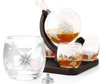 Maverton Ensemble de Carafe Globe avec 4 verres gravés - Whiskey Set à personnaliser avec motif de planète - Cadeau d’anniv pour femmes