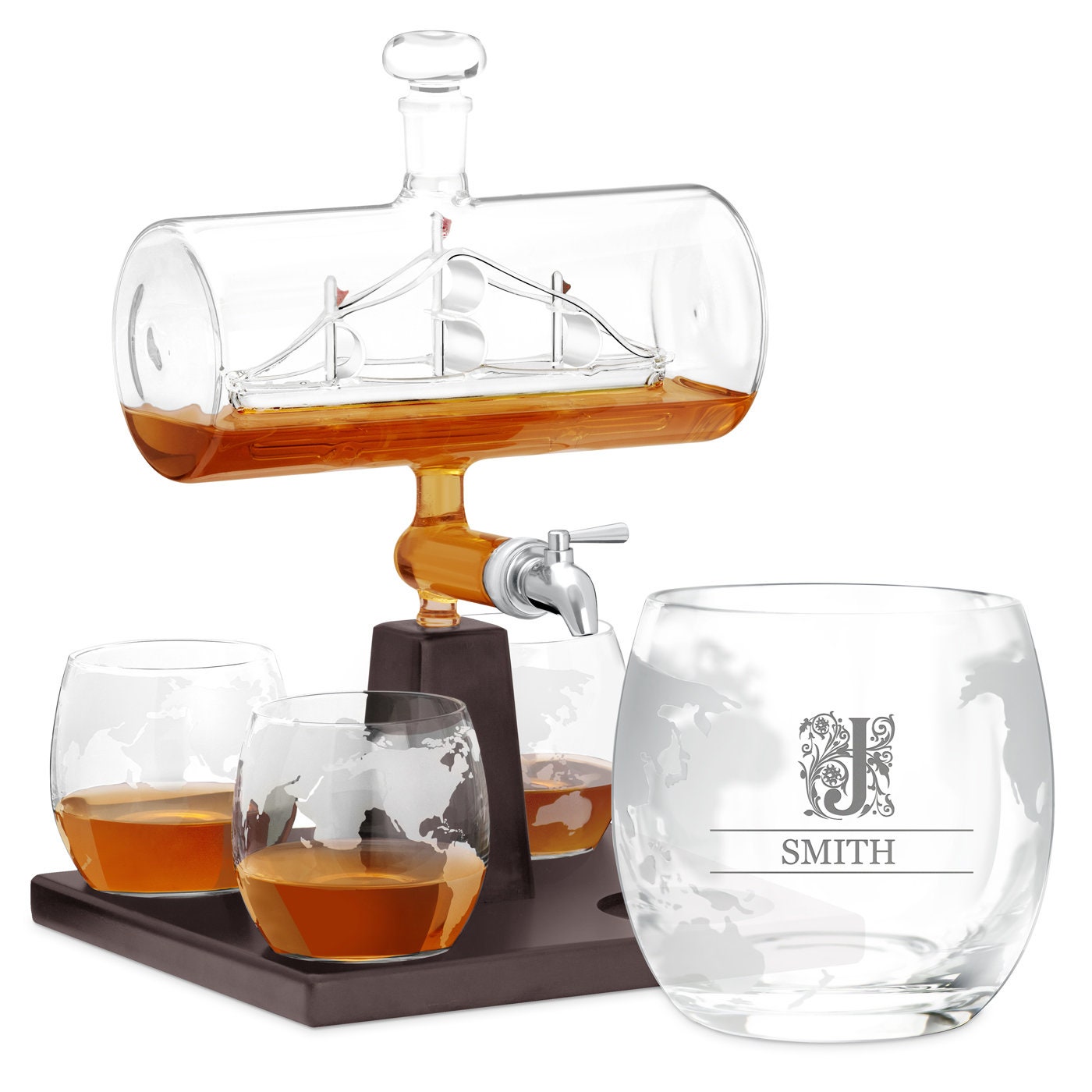 Murrano Ensemble de Carafe Bateau avec 4 Verres Gravés à Whisky - Whiskey Set Motif Planète