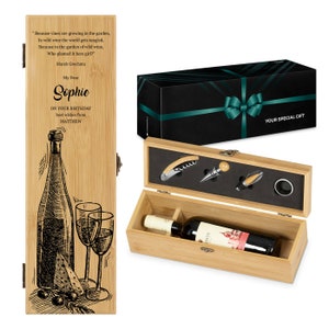 Maverton Personalised Set of Wine Opening Accessories - Gift Set for woman - Stainless Steel Wine Tools in wooden box for her - For Birthday