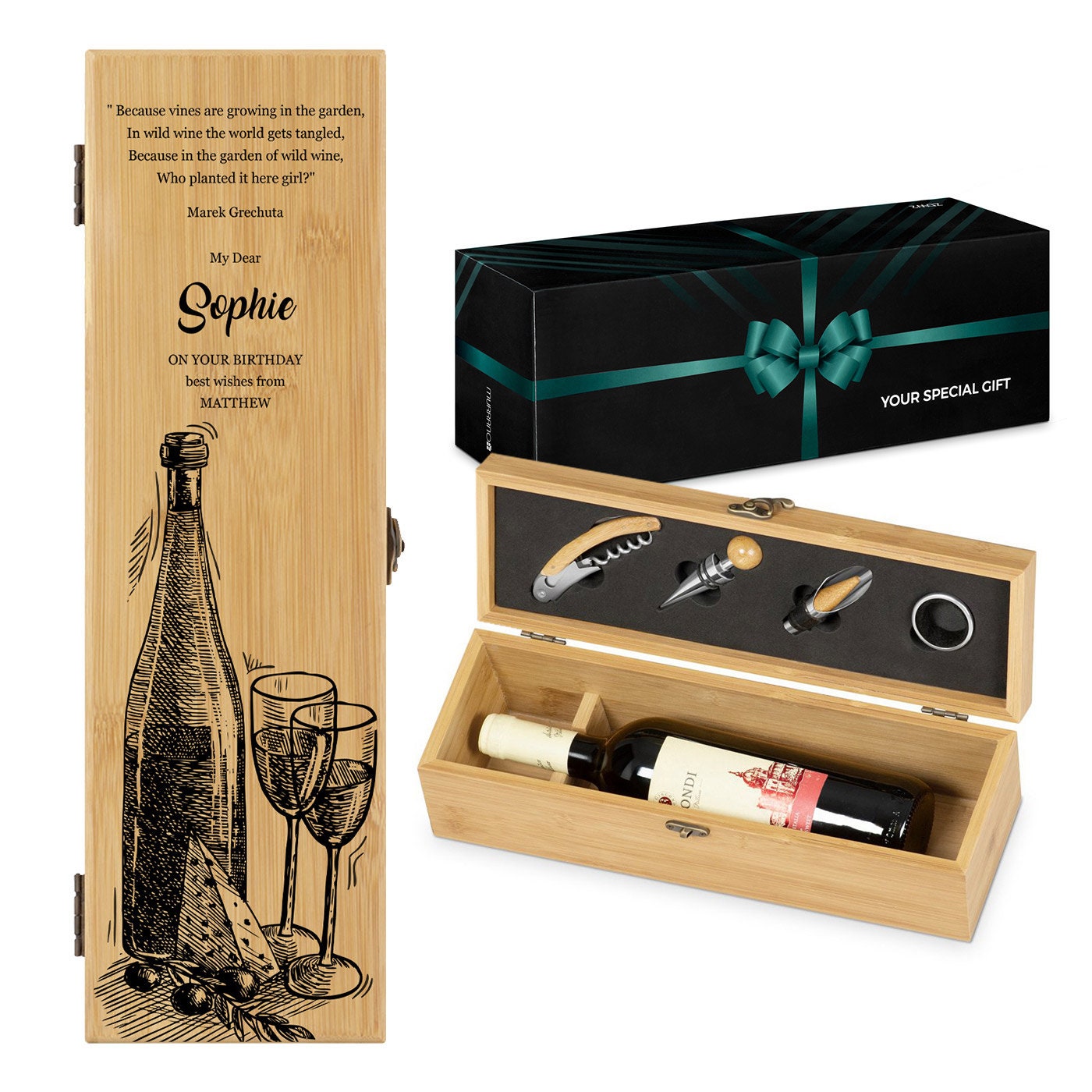 Wine Gifts Set – Wine Accessories Set w/Wooden Box- Wine Set Includes Rechargeable Wine Opener, Aerator, Wine Stoppers & Pairing Guide- Wine Basket