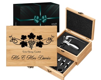 Maverton Wine Accessories in engraved wooden box - Wine Set for couples - Tool Kit for anniversary - Customised Wine Opener Set for parents