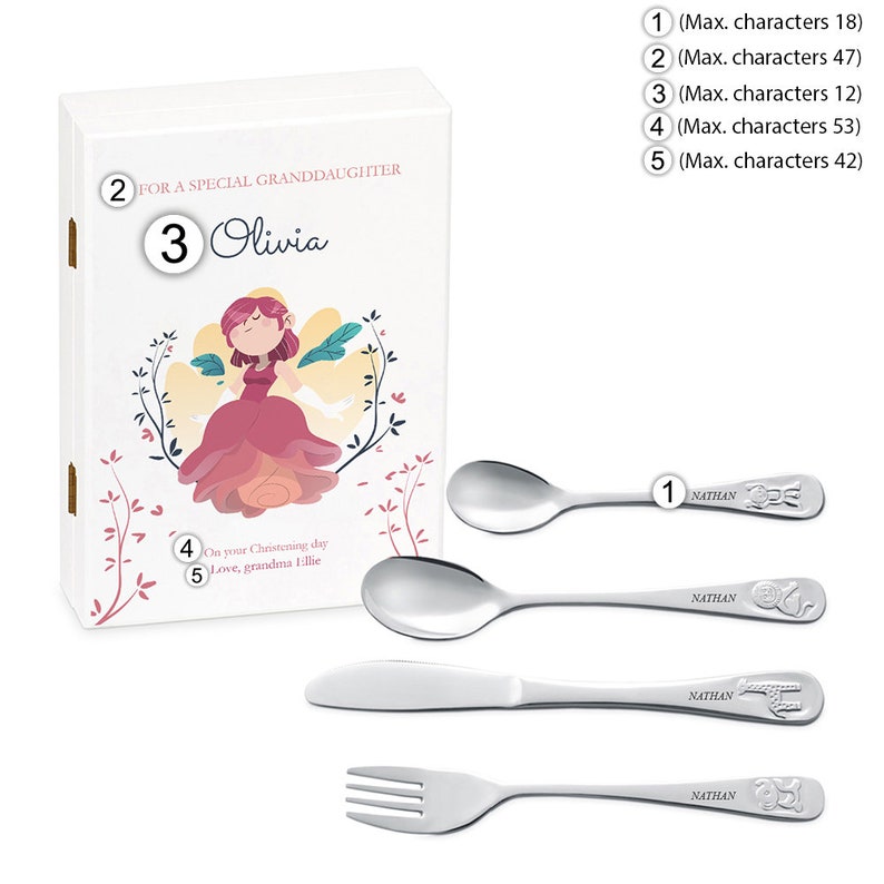 Maverton Ensemble de 4 Couverts de table pour enfants Coffret en bois Cadeau personnalisé pour bébé Cadeau baptême pour petite fille PRINCESS