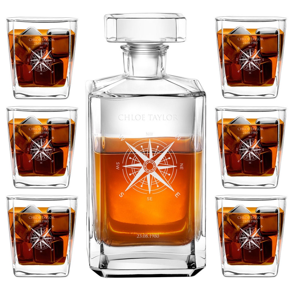 Murrano Ensemble de Carafe Personnalisé avec Verres à Whisky Gravés - 700 Ml Décanteur Whiskey, Cogn