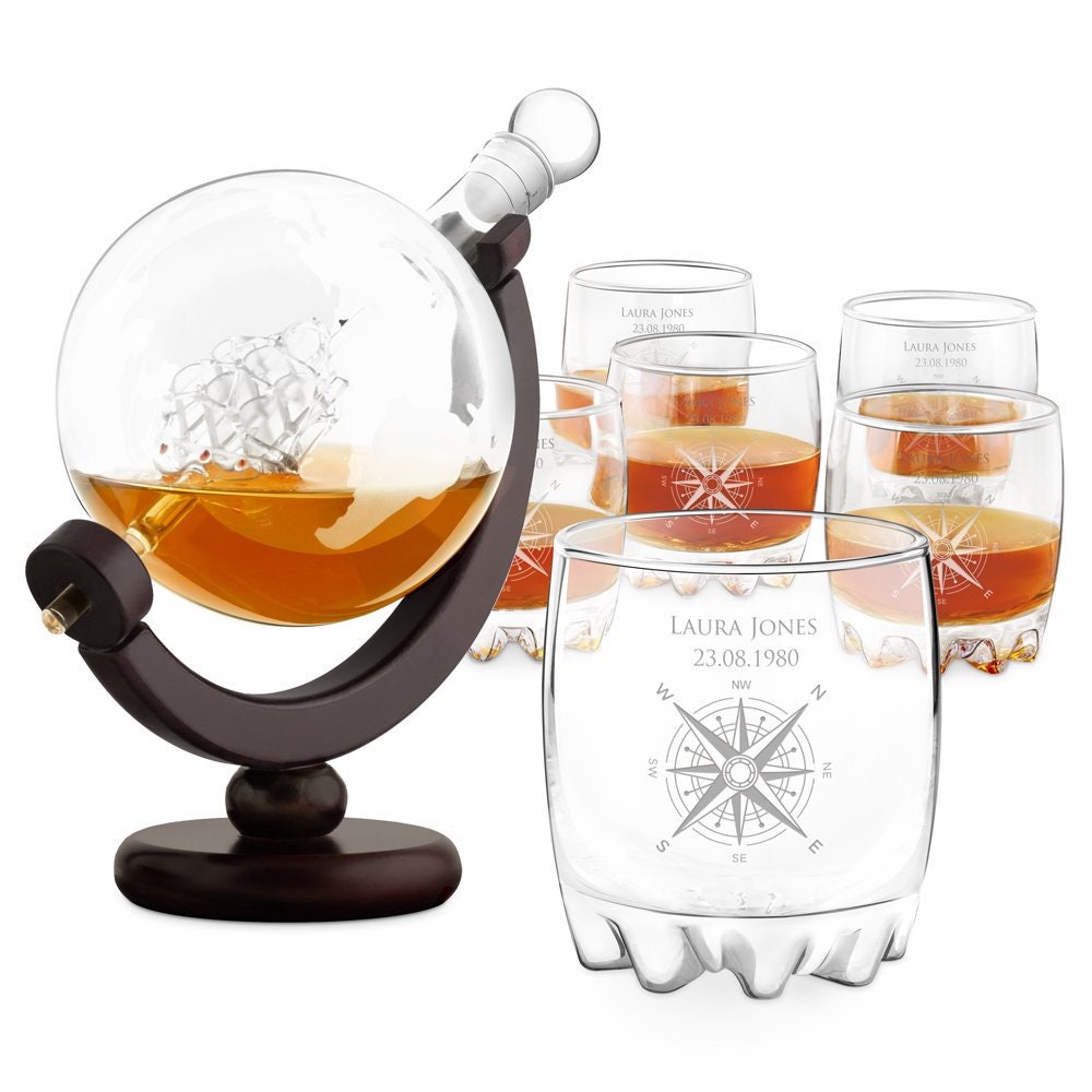Murrano Ensemble de Carafe Globe avec 6 Verres Gravés à Whisky - Whiskey Set Personnaliser Motif Pla