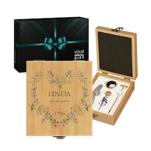 Maverton Wine Accessories in engraved wooden box for her - Wine Set for lady - Tool Kit for Birthday - Customised Wine Opener Set for woman