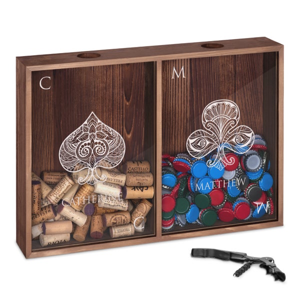 Maverton Collecteur de capsules avec Outil Multi-fonction - Boîte à bouchons - Coffret en bois - Accessoire pour couple - Cadeau de mariage