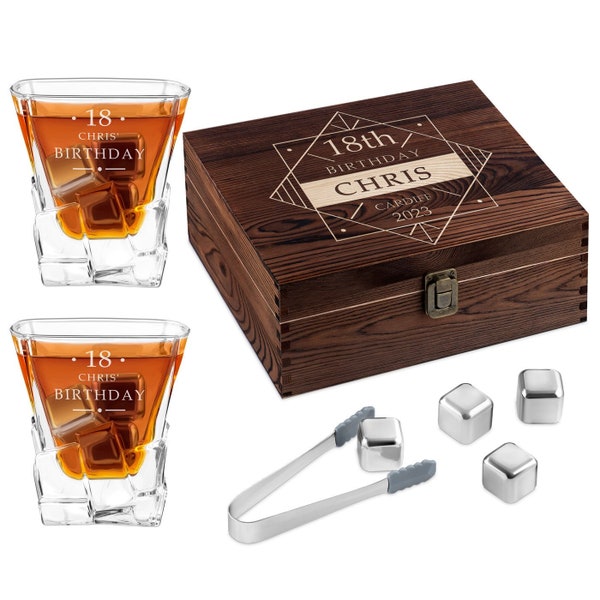 Maverton Pierres à Whisky dans la Boîte personnalisée - Coffret en bois avec pierres en métal et 2 verres - Cadeau d’anniversaire pour lui
