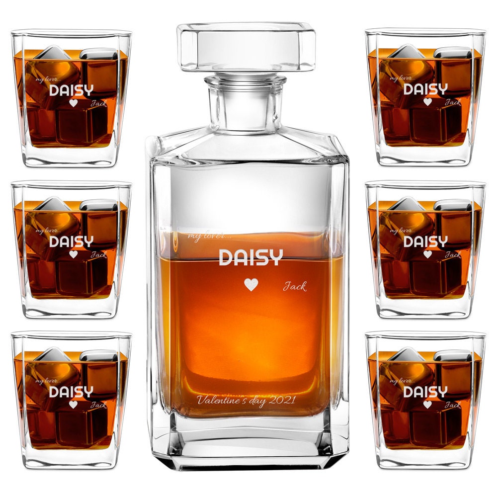 Murrano Ensemble de Carafe Personnalisé avec Verres à Whisky Gravés - 700 Ml Décanteur Whiskey, Cogn