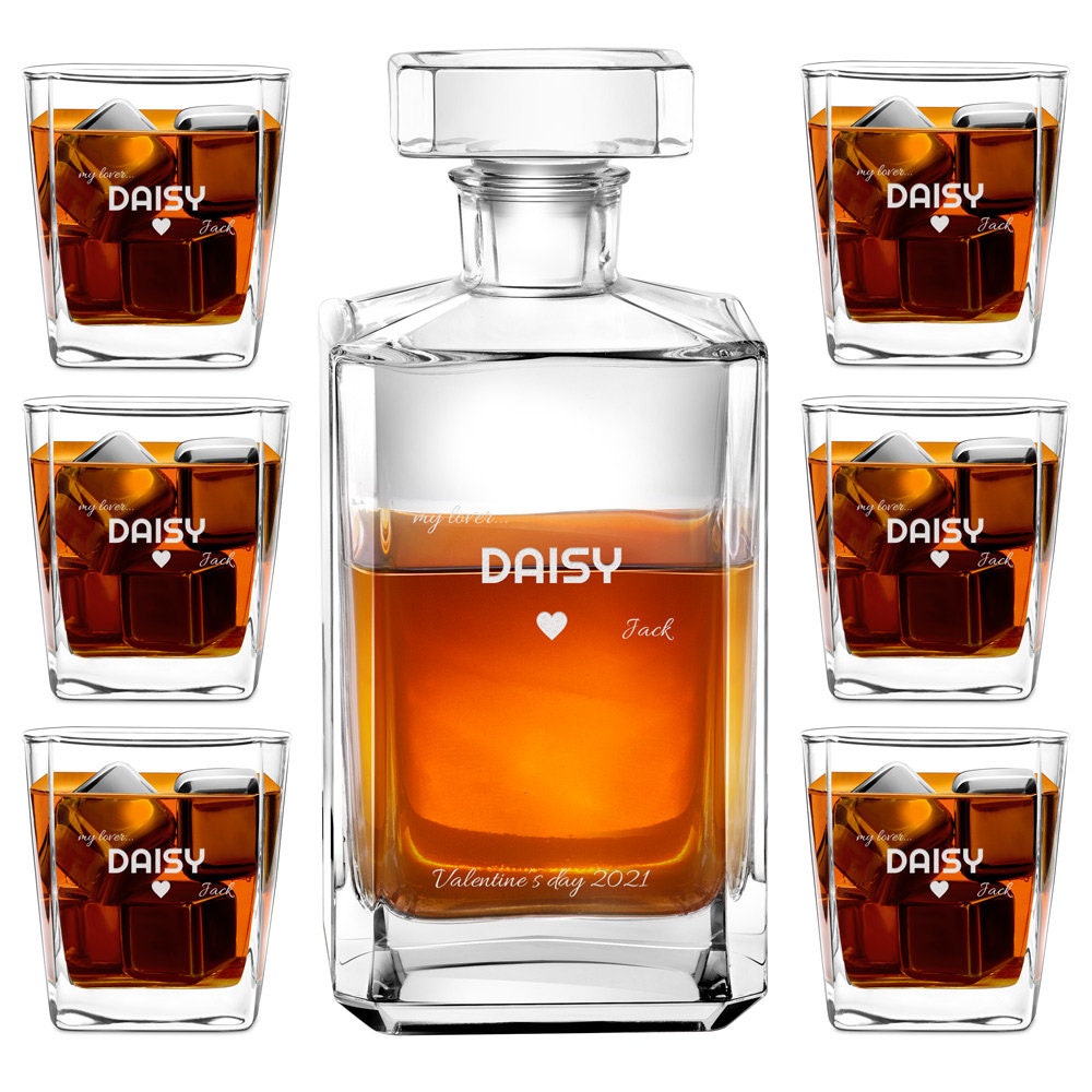 Murrano Ensemble de Carafe Personnalisé avec Verres à Whisky Gravés - 700 Ml Décanteur Whiskey, Cogn