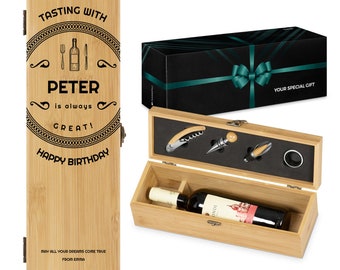 Maverton 4er Wein Zubehör Set mit Aufdruck - Holzbox für Weinflasche - Wein Sommelier Set - Geburtstagsgeschenk für Männer - Männergeschenk