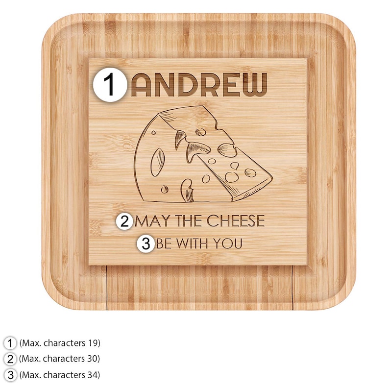 Maverton Bambus Käseschneidebrett mit Gravur 4er Käsemesser Set dekoratives Serviertablett Cheese Board Set Geschenk für Männer FOODIE