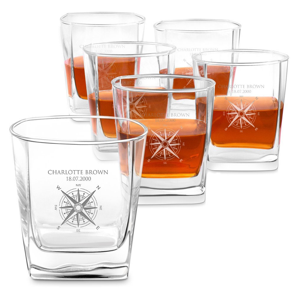 Murrano Verre à Whisky Personnalisé - d'une Capacité de 250 Ml Classique avec Gravure Compass