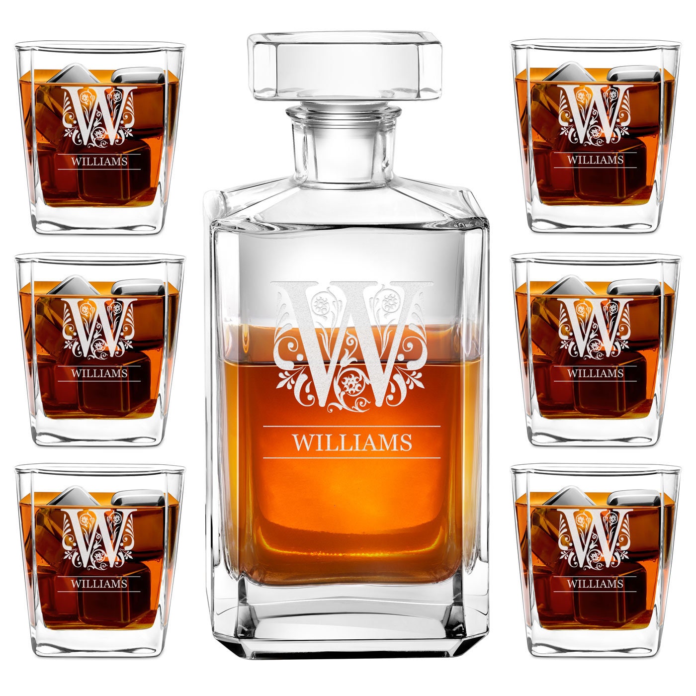 Murrano Ensemble de Carafe Personnalisé avec Verres à Whisky Gravés - 700 Ml Décanteur Whiskey, Cogn