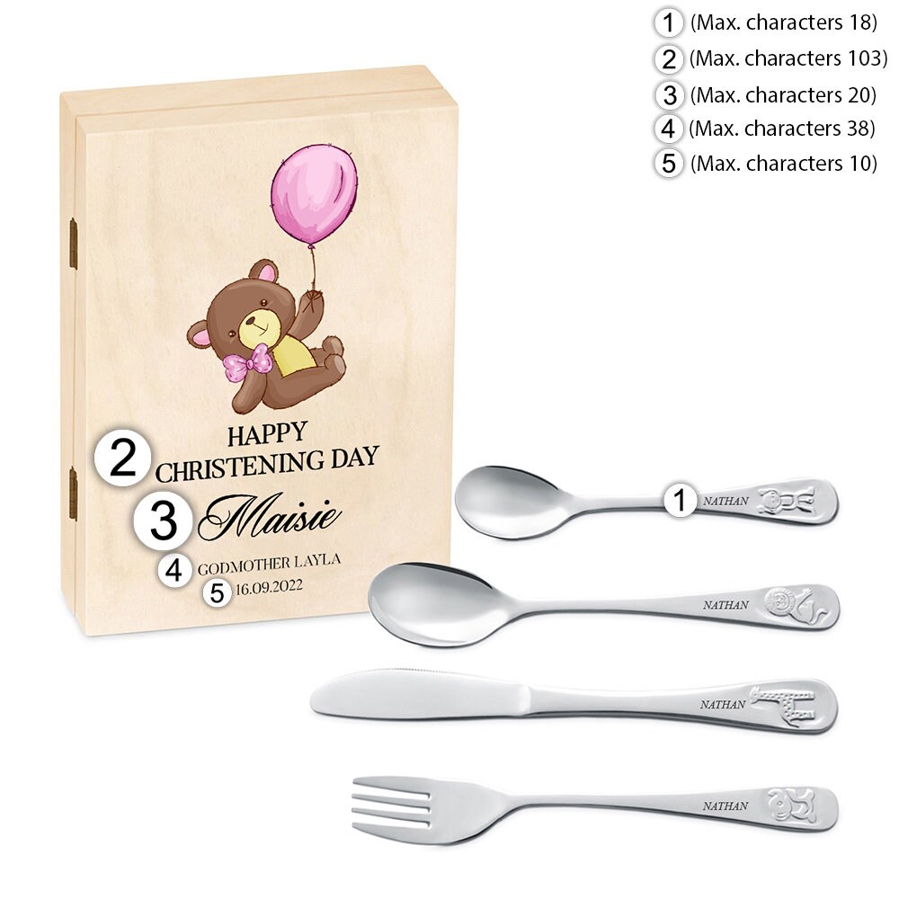 Set De Couverts Enfant Personnalisables Avec Prénom - Motifs Animaux - Cadeau Naissance, Baptême Ou Anniversaire - 4 Pièces Inox