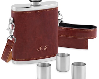 Maverton Personalised Hip Flask in Leather Pouch - Special Gift for Birthday - Customised Set with 36 cups for man - Gadget for whisky lover