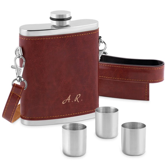 Maverton Personalised Hip Flask in Leather Pouch Special Gift for Birthday  Customised Set With 36 Cups for Man Gadget for Whisky Lover 