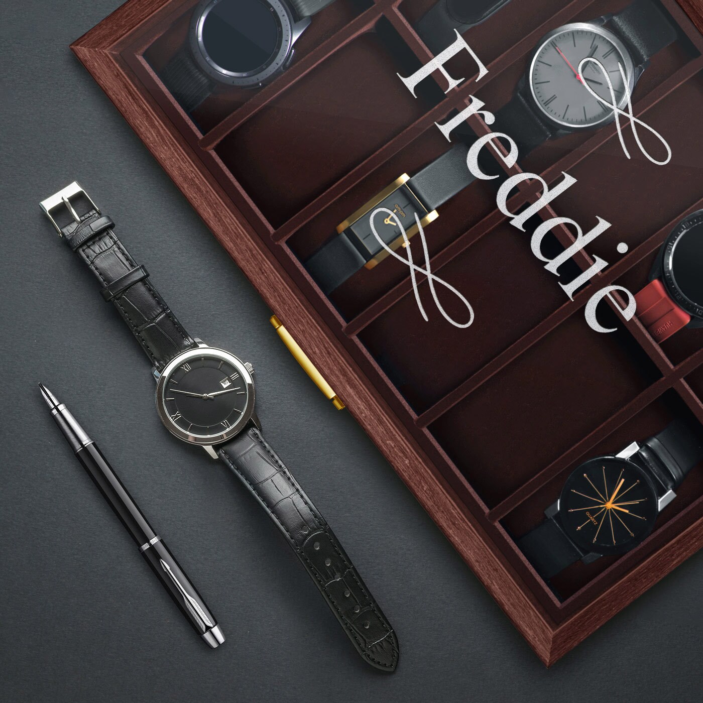 Maverton Boîte à Montres Avec Gravure - Coffret à 6 Montres En Bois - Fenêtre Gravée - Cadeau Personnalisé - Cadeau D'anniversaire - Pour Homme - Ornement