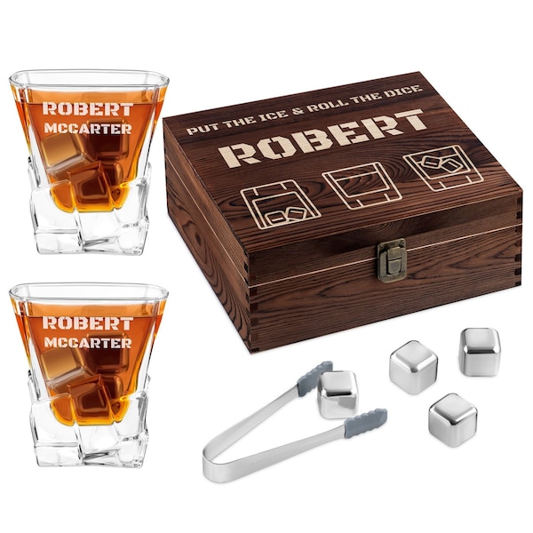 Maverton Whiskey Stones Gift Set - Chilling Rocks and glasses in personalised box - Birthday Gift for man - Whisky Set for connoisseur