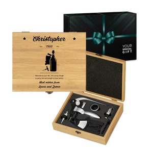 Maverton Wine Accessories in engraved wooden box - Wine Set for gentleman - Tool Kit for Birthday - Customised Wine Opener Set for granddad