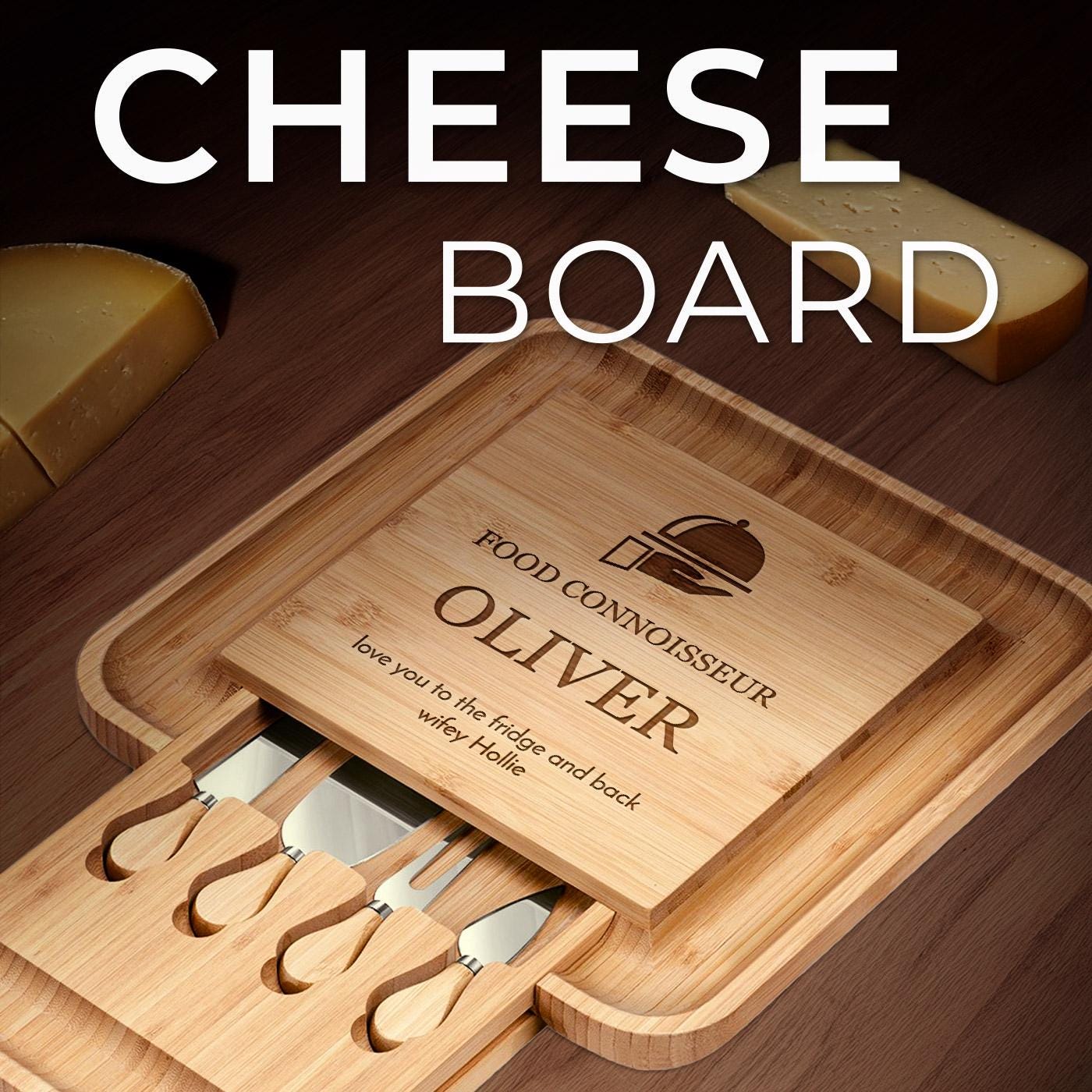 Planche à Fromage Gravée MAVERTON - Set 4 Accessoires Bois - Cadeau Anniversaire
