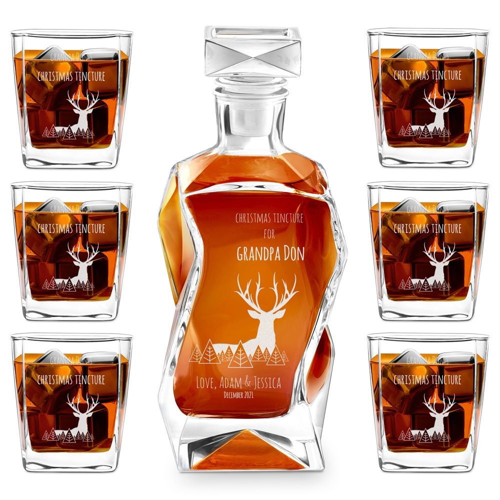 Maverton Personalised Whiskey Decanter And 6 Glasses For Couples - Elegant Whisky Set With Engraving - Ice Cubes Model - Stylish Barware For Wedding