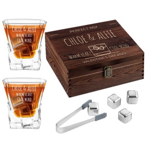 Maverton Whisky Stones with 2 Glasses - Personalised Wooden Box - Metal Whiskey Rocks - Personalised Whisky Set for couples - Wedding Gift