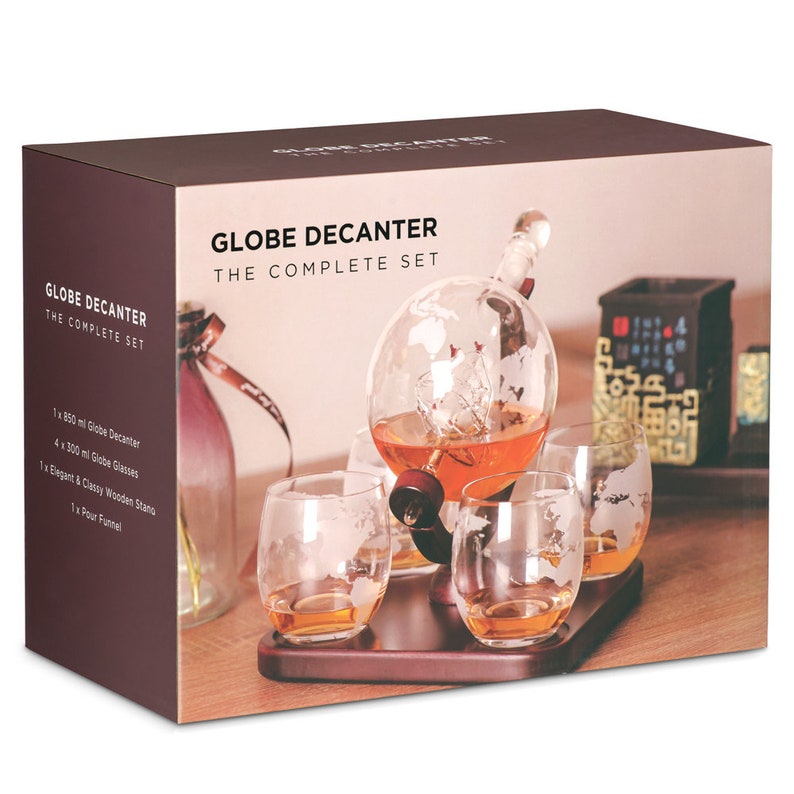 Maverton Whiskey Globe Decanter with glasses Personalised Whisky Set for man Birthday gift for husband Engraved Glassware for him image 3