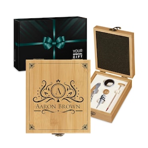 Maverton Wine Accessories in engraved wooden box - Wine Set for gentleman - Tool Kit for Birthday - Customised Wine Opener Set for granddad
