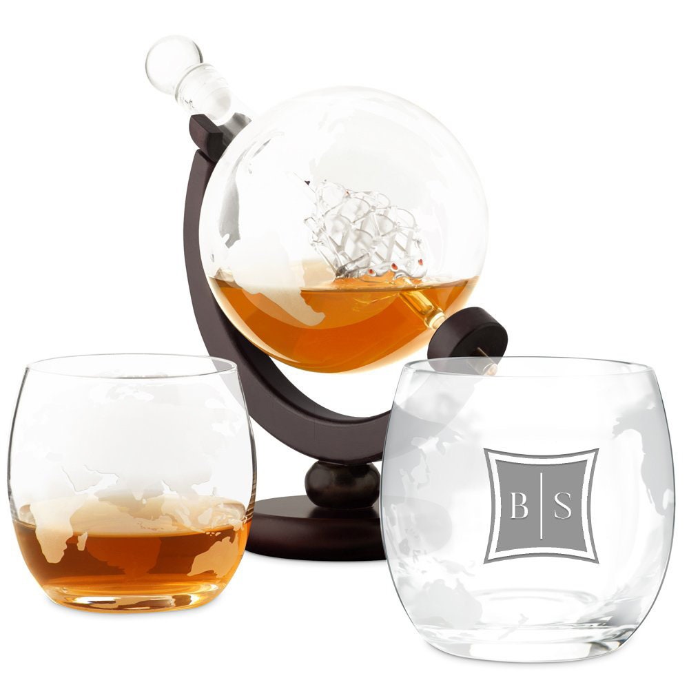 Murrano Ensemble de Carafe Globe avec 2 Verres Gravés - Whiskey Set à Personnaliser Motif Planète U&