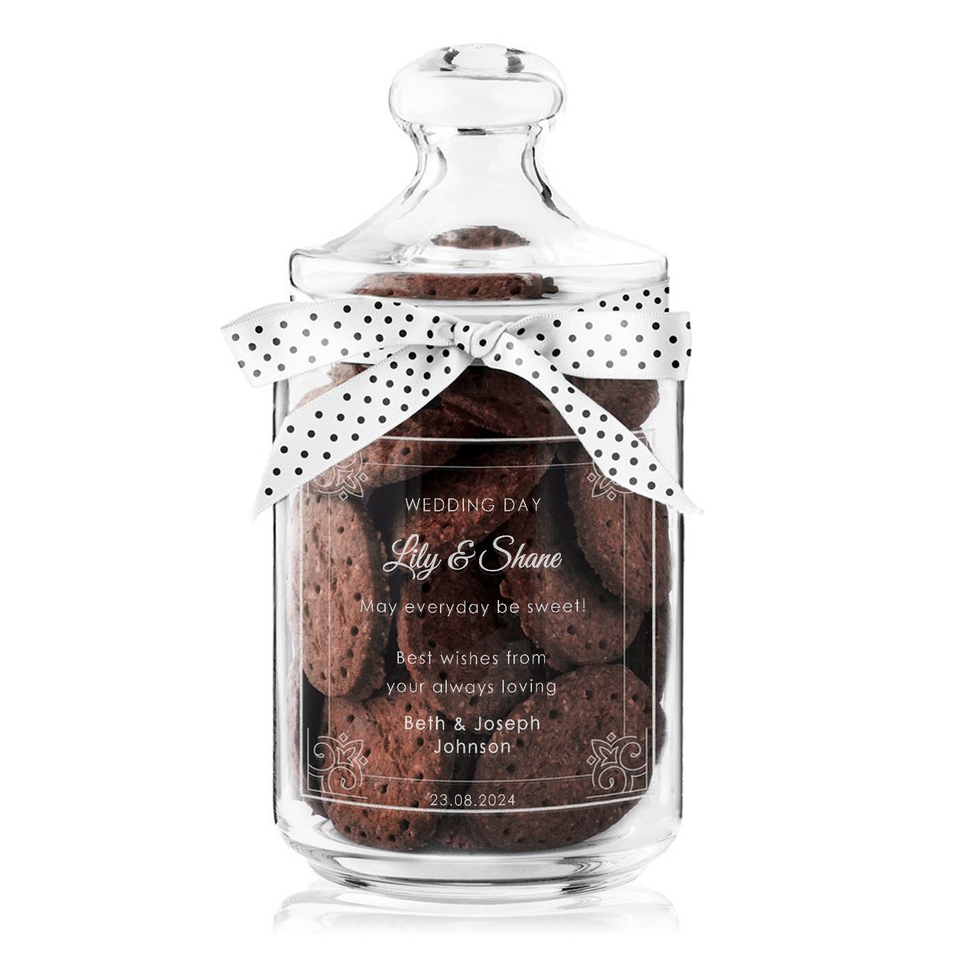 Murrano Pot à Biscuits Personnalisé - Bocal Gravé Bonbons en Verre avec Un Joli Ruban Wedding Day