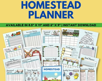 May include: A printable homestead planner with 16 pages, including a plant calendar, weather forecast, recipe log, project planner, equipment profile, weekly tracker, goal planner, farm animal inventory, homestead expenses, monthly harvest, and preservation methods. The planner is available in 8.5 x 11 inches and 6 x 9 inches.