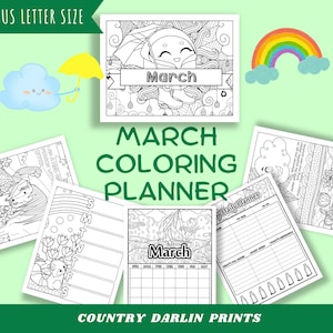 Coloring Planner March, Coloring for Adults, Illustrated Calendar, Coloring Calendar Printable, Weekly Calendar Template, Family Calendar