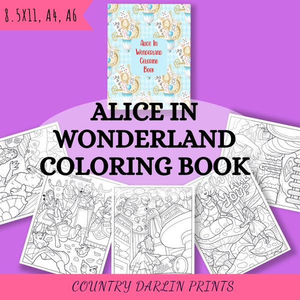 Alice au pays des merveilles livre de coloriage, cadeau amoureux des livres, Alice imprimable, livre d'images, page de coloriage histoire, livre pour enfants, coloriage imprimable