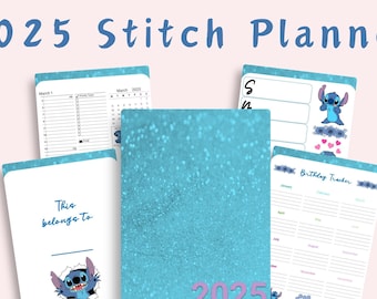 May include: A blue and white planner with a glitter cover and Stitch character illustrations. The planner includes a birthday tracker, monthly calendar pages, and a page for notes. The cover says "2025 Stitch Planner".