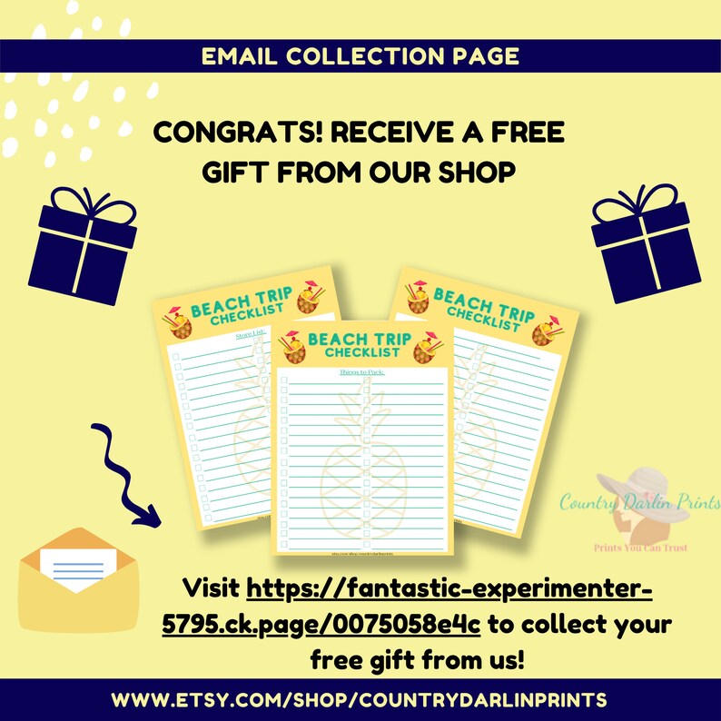 May include: A yellow printable checklist with the text "Beach Trip Checklist" and a pineapple graphic. The checklist is for planning a beach trip and includes a section for "Things to Pack".