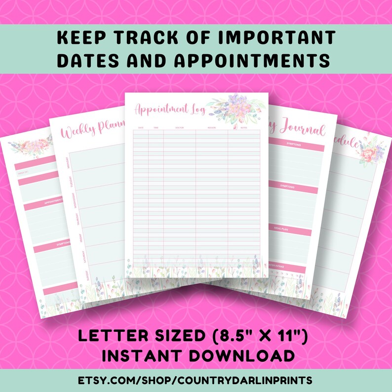 May include: Four printable planner pages with floral designs. The pages are titled "Appointment Log", "Weekly Planner", "Daily Journal", and "Schedule". The pages are letter-sized (8.5" x 11").