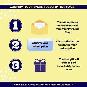 May include: A yellow background with white polka dots shows a three-step process for confirming an email subscription. Step 1: A yellow envelope with a white letter inside. Step 2: A blue button with the text "Confirm your subscription". Step 3: A blue gift box with a white bow. The text "CONFIRM YOUR EMAIL SUBSCRIPTION PAGE" is at the top of the image. The text "WWW.ETSY.COM/SHOP/COUNTRYDARLINPRINTS" is at the bottom of the image.