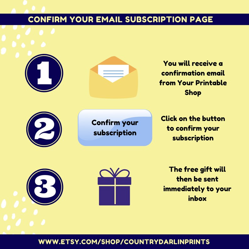 May include: A yellow background with white polka dots shows a three-step process for confirming an email subscription. Step 1: A yellow envelope with a white letter inside. Step 2: A blue button with the text "Confirm your subscription". Step 3: A blue gift box with a white bow. The text "CONFIRM YOUR EMAIL SUBSCRIPTION PAGE" is at the top of the image. The text "WWW.ETSY.COM/SHOP/COUNTRYDARLINPRINTS" is at the bottom of the image.