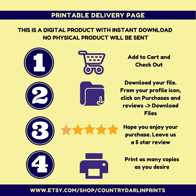 May include: A printable delivery page with instructions on how to download a digital product. The page includes four steps: add to cart, download, leave a review, and print. The page also includes the website address www.etsy.com/shop/countrydarlinprints.