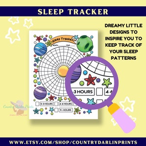 May include: A printable sleep tracker with a space theme. The tracker has a circle with a grid for marking sleep hours, surrounded by planets and stars. The text "Sleep Tracker" is at the top of the page. The text "MONTH: YEAR" is below the title. The text "0-3 HOURS", "4-6 HOURS", and "9+ HOURS" are at the bottom of the page.