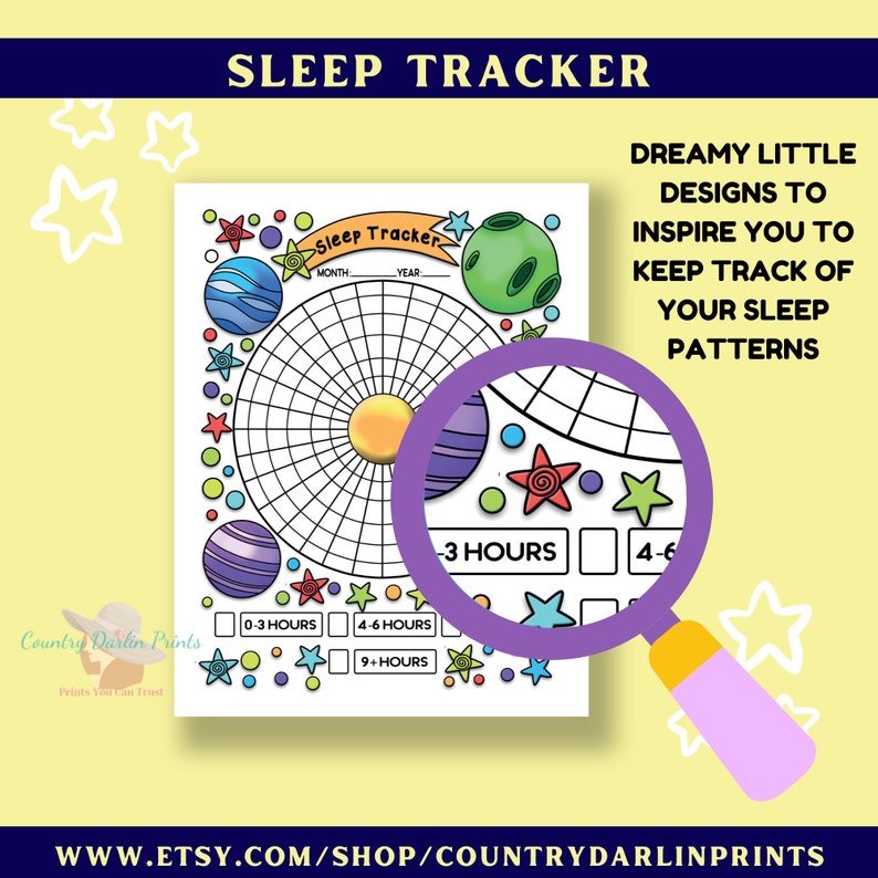 May include: A printable sleep tracker with a space theme. The tracker has a circle with a grid for marking sleep hours, surrounded by planets and stars. The text "Sleep Tracker" is at the top of the page. The text "MONTH: YEAR" is below the title. The text "0-3 HOURS", "4-6 HOURS", and "9+ HOURS" are at the bottom of the page.