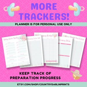 May include: Five printable checklists for planning a baby nursery. The checklists include: Baby Name Tracker, Nursery To-Do List, Nursery Budget, Nursery Ideas, and Hospital Bag Checklist. The checklists are decorated with watercolor flowers and leaves. The text "KEEP TRACK OF PREPARATION PROGRESS" is at the bottom of the image. The text "ETSY.COM/SHOP/COUNTRYDARLINPRINTS" is at the bottom of the image.