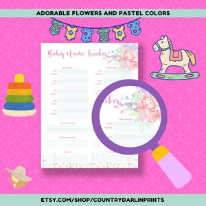 May include: Printable baby name tracker with a floral design. The tracker has sections for boy names, girl names, top boy names, chosen boy name, reason, and chosen girl name. The tracker is decorated with pastel flowers and a magnifying glass.