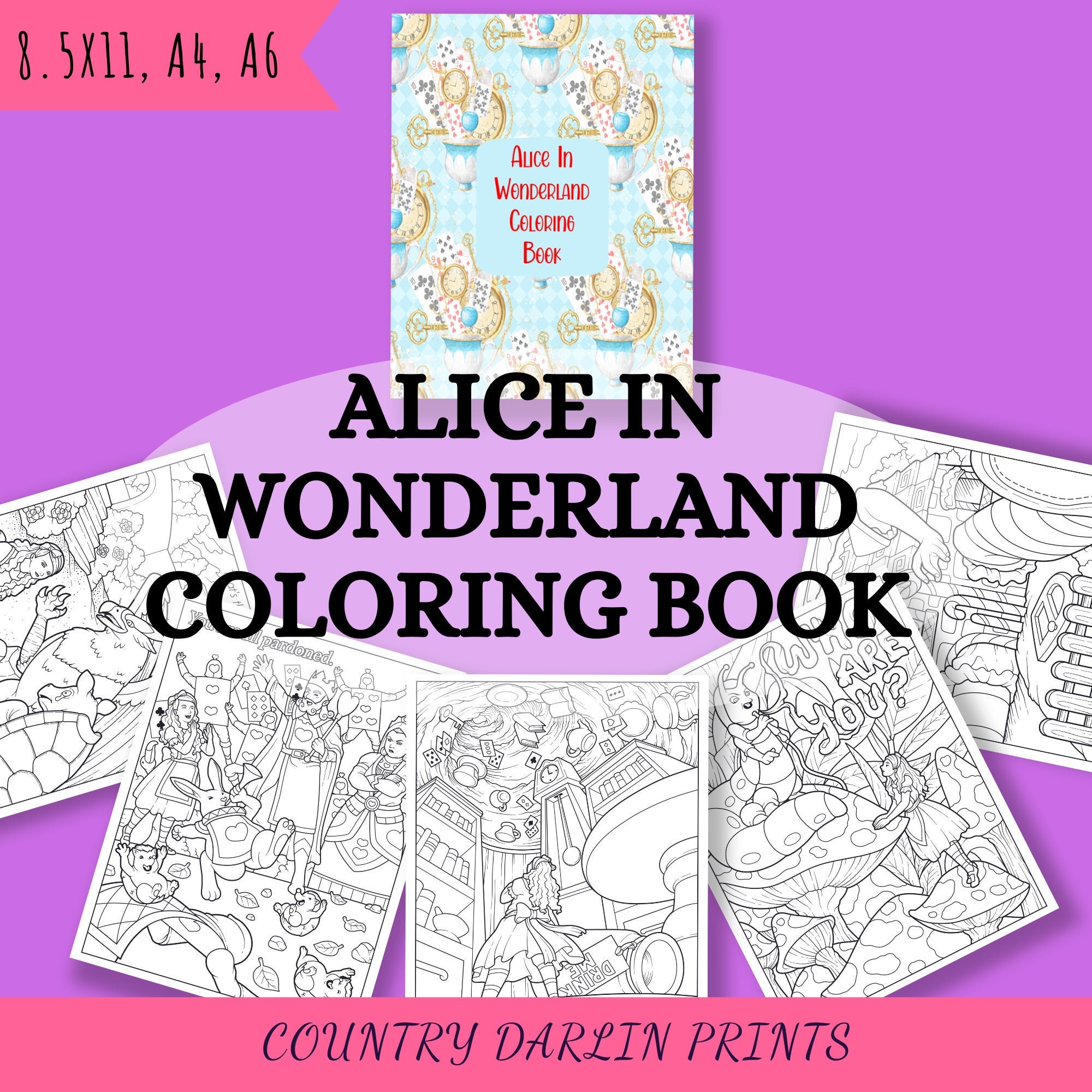 Alice in Wonderland Coloring Book, Book Lovers Gift, Alice Printable