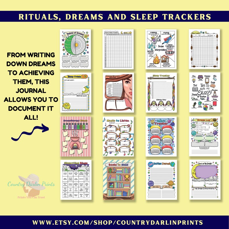 May include: A set of printable dream journal pages with colorful illustrations. The pages include sections for tracking sleep, rituals, dreams, and more. The text on the page reads "Rituals, Dreams and Sleep Trackers".