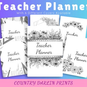 Op de afbeelding: Zes verschillende afdrukbare kaften voor een leerkrachtplanner. De kaften bevatten zwart-wit illustraties van bloemen, een liniaal en schoolbenodigdheden. De tekst "Teacher Planner" staat op elke kaft.