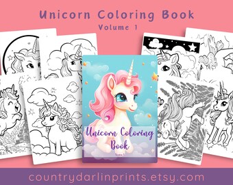 Op de afbeelding: Een zwart-wit kleurboek met eenhoorns. De omslag toont een eenhoorn met een roze manen en hoorn. De titel van het boek is "Unicorn Coloring Book, Volume 1".