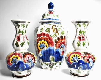 HUGE* Royal Delft Blue Polychrome Set of 3 Vases Hand Painted Ginger Jar Urn Vase,  Garniture, Wedding Gift Centerpiece Delftware, 1900s