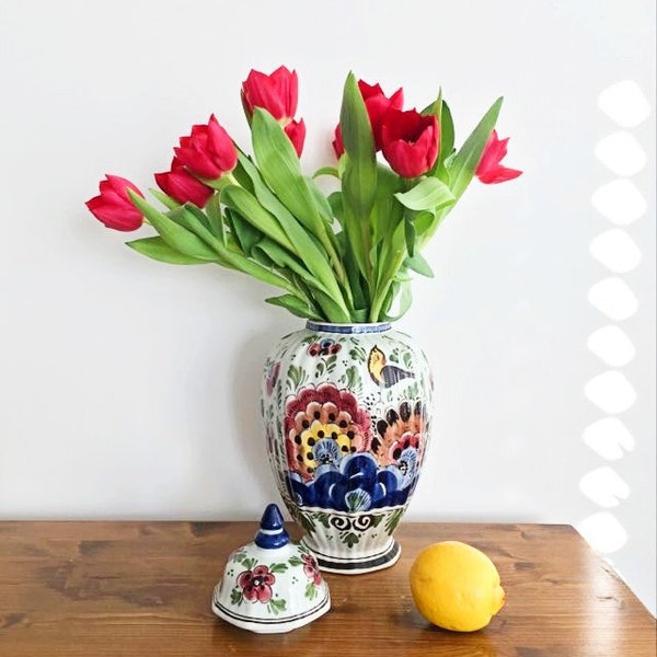 1900s Antique LARGE Royal Delft Polychrome Vase, Urn Hand Painted Ginger Jar Urn Vase,  Garniture, Decor, Wedding Gift Centerpiece